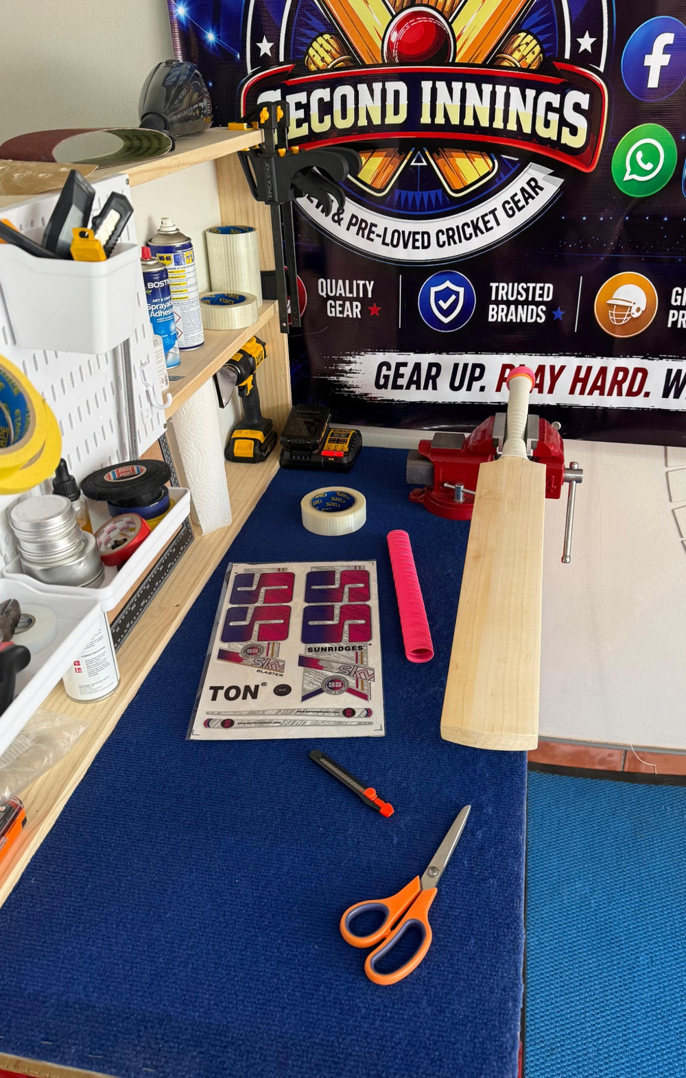 Liam's 2nd Innings branded cricket bat service bench with new grip, stickers and tools
